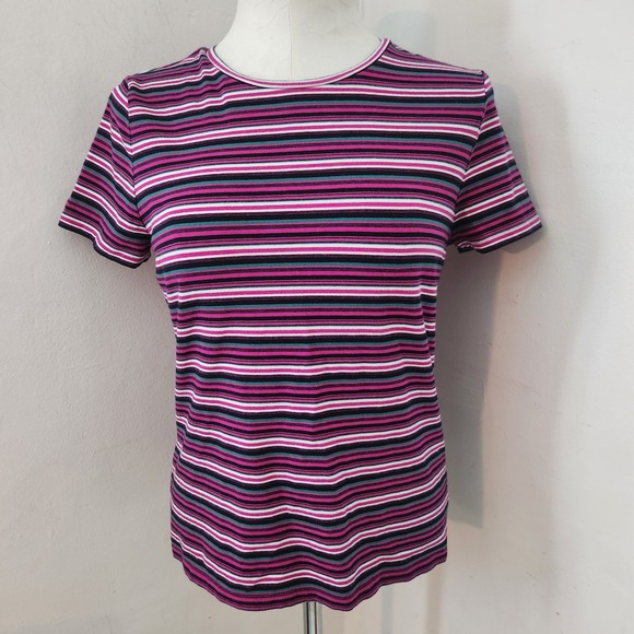 Talbots Tops - Talbots Petites Women MP Pink Purple Teal Striped Short‎ Sleeve Crewneck Tee Top